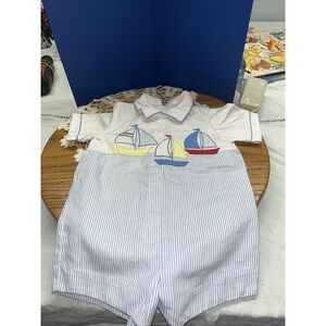 Vintage Baby Boy Romper  6-9 Months Blue Rocking Horse Yellow Duck Embroidered